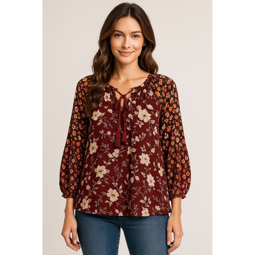 Caffe Marrakesh Blouse Womens S Burgundy Ditsy Floral Tassel‎ Boho Peasant Top